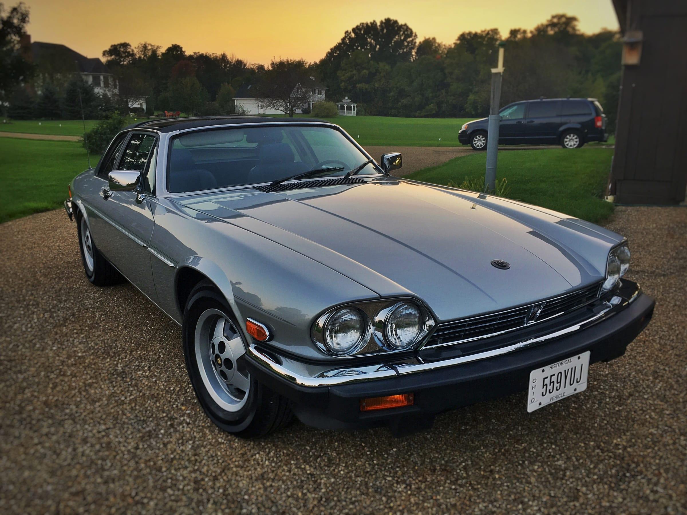 Silver Jaguar XJ-SC photographed at sunset